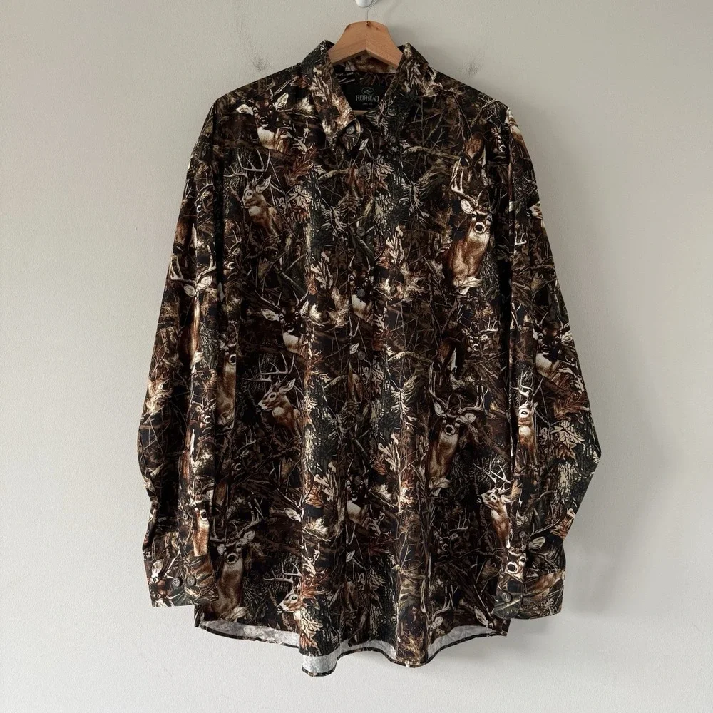RedHead Camo Deer Print Long Sleeve Button Down Large Outdoor Whitetail Hunting